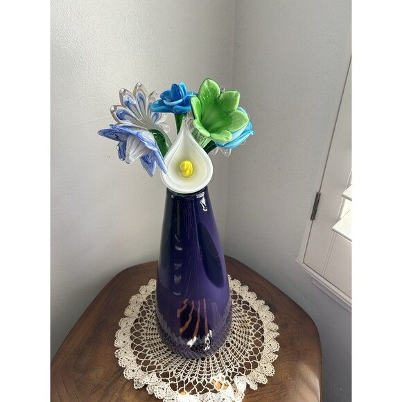 Bouquet Of Murano Hand Blown Long Stem Glass Flowers In A Purple Glass Vase - Picture 1 of 11